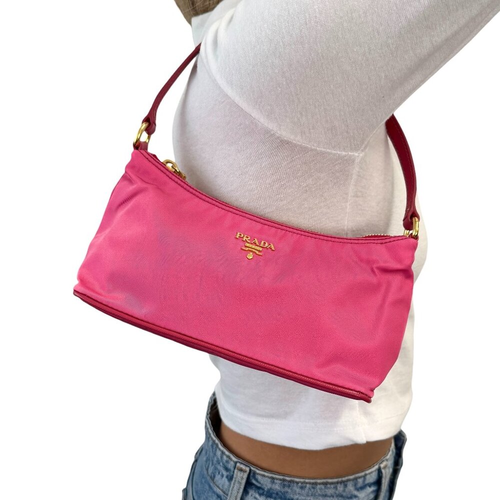 PRADA Vintage Logo Tessuto Nylon Shoulder Mini Bag Pochete Pink Gold [106443]